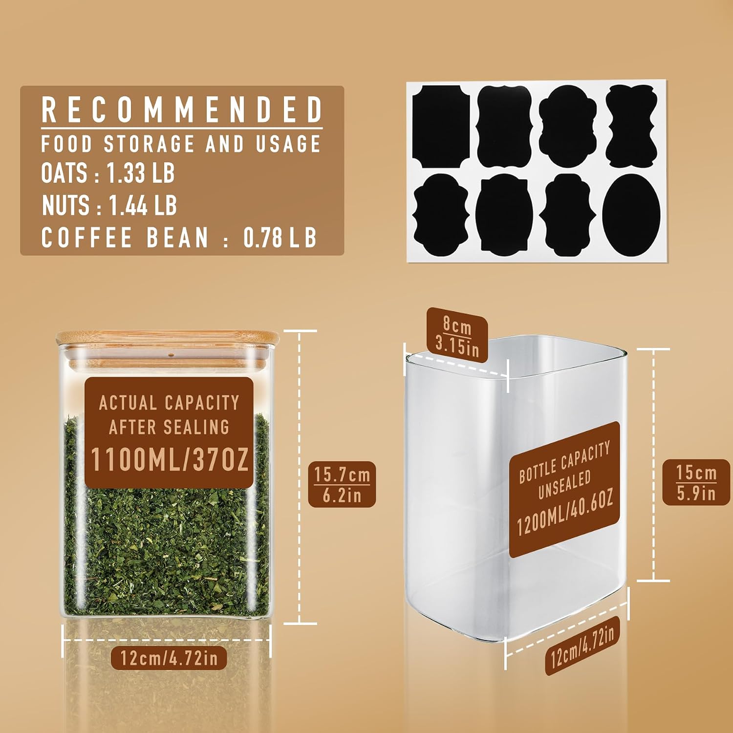 D2scrma 37oz Rectangle Airtight Glass Storage Containers with Bamboo Lids (Set of 6), Squa